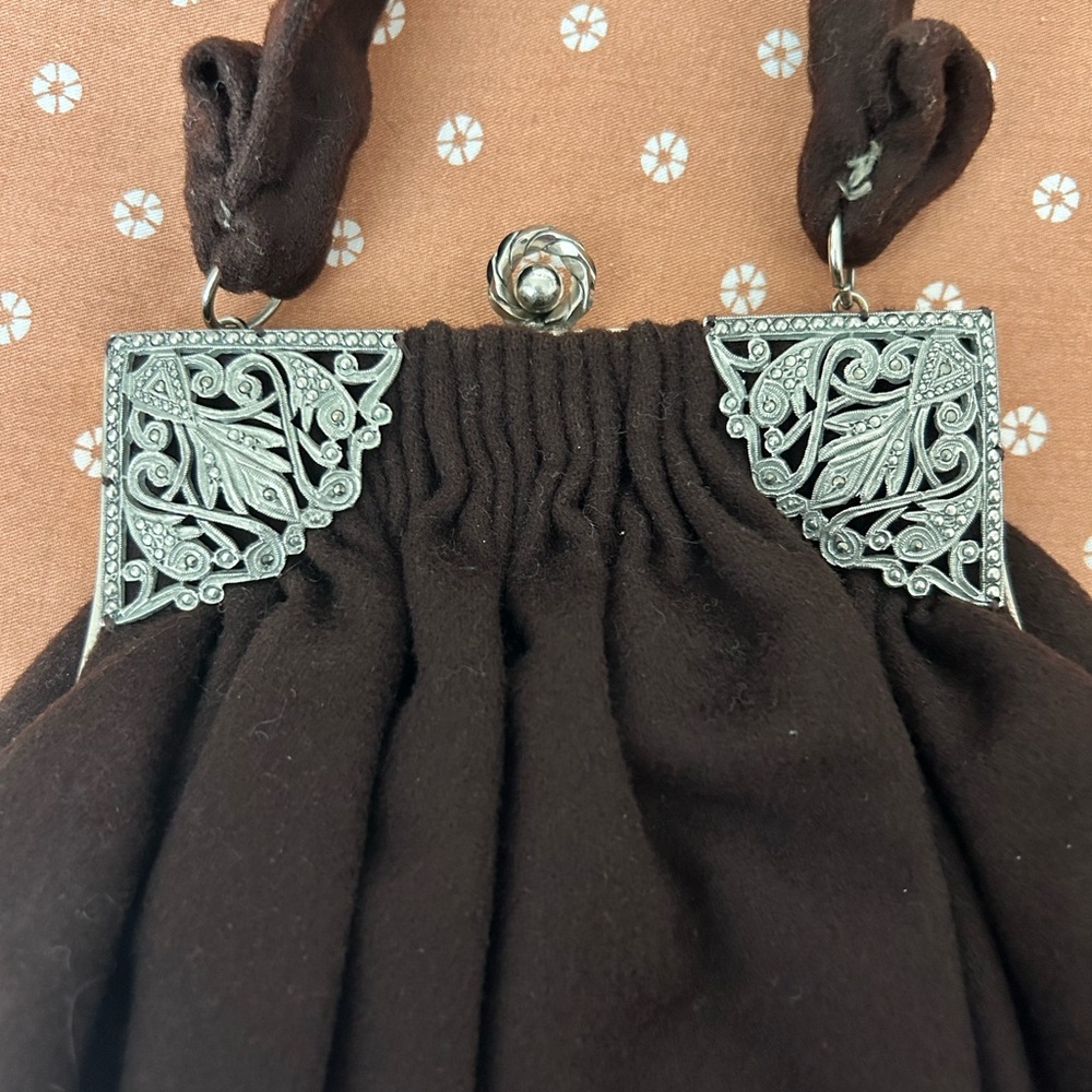Vintage 1940/50s Brown Wool Handbag with Ornate Silver Frame- Guild Creations